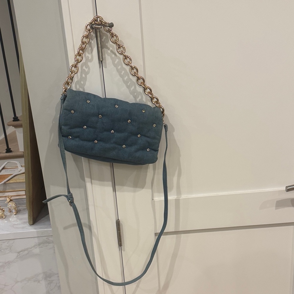 Elegant Denim Studded Crossbody Bag with Chain Strap